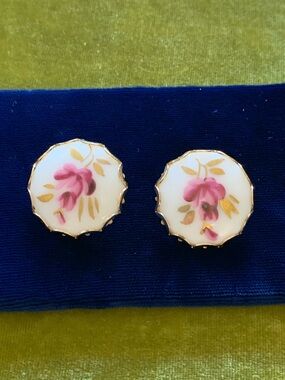 Hand-Painted Pink Flower Porcelain Earrings with Gold Trim